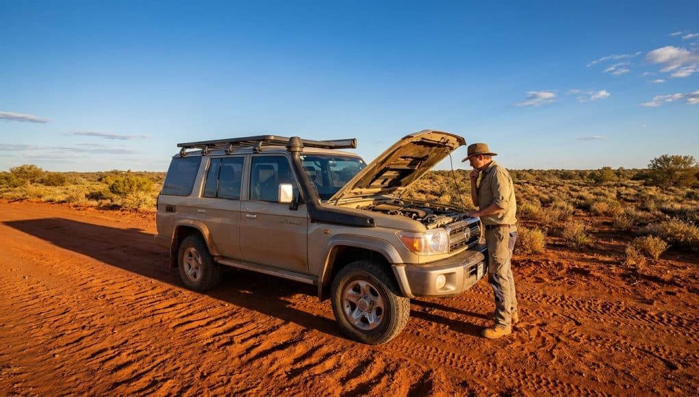 Fiabilité du moteur 2.8L du Toyota Land Cruiser 70 Un homme examine le moteur de son Toyota Land Cruiser 70 beige sur une piste en terre rouge dans le désert australien.