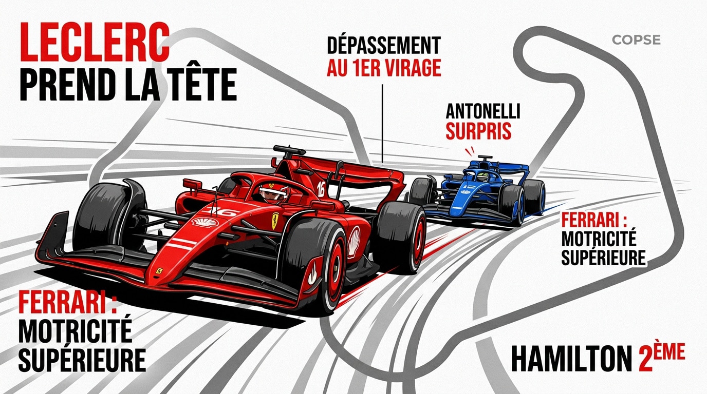 Charles Leclerc au volant de sa Ferrari prenant la tête au premier virage du Grand Prix de Silverstone 2026