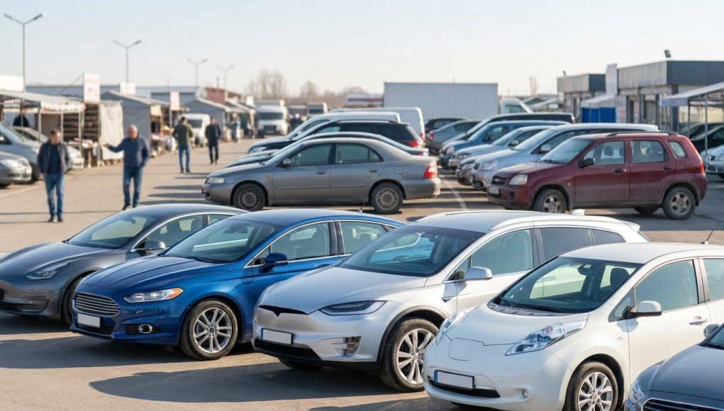 Marché de l'occasion : évolution du parc automobile Parc automobile rempli de voitures d'occasion, incluant des modèles thermiques et électriques, avec des acheteurs au loin.