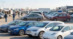 Marché voiture occasion 2026 : analyse d’une mutation du parc Parc automobile rempli de voitures d'occasion, incluant des modèles thermiques et électriques, avec des acheteurs au loin.