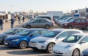 Marché voiture occasion 2026 : analyse d’une mutation du parc Parc automobile rempli de voitures d'occasion, incluant des modèles thermiques et électriques, avec des acheteurs au loin.
