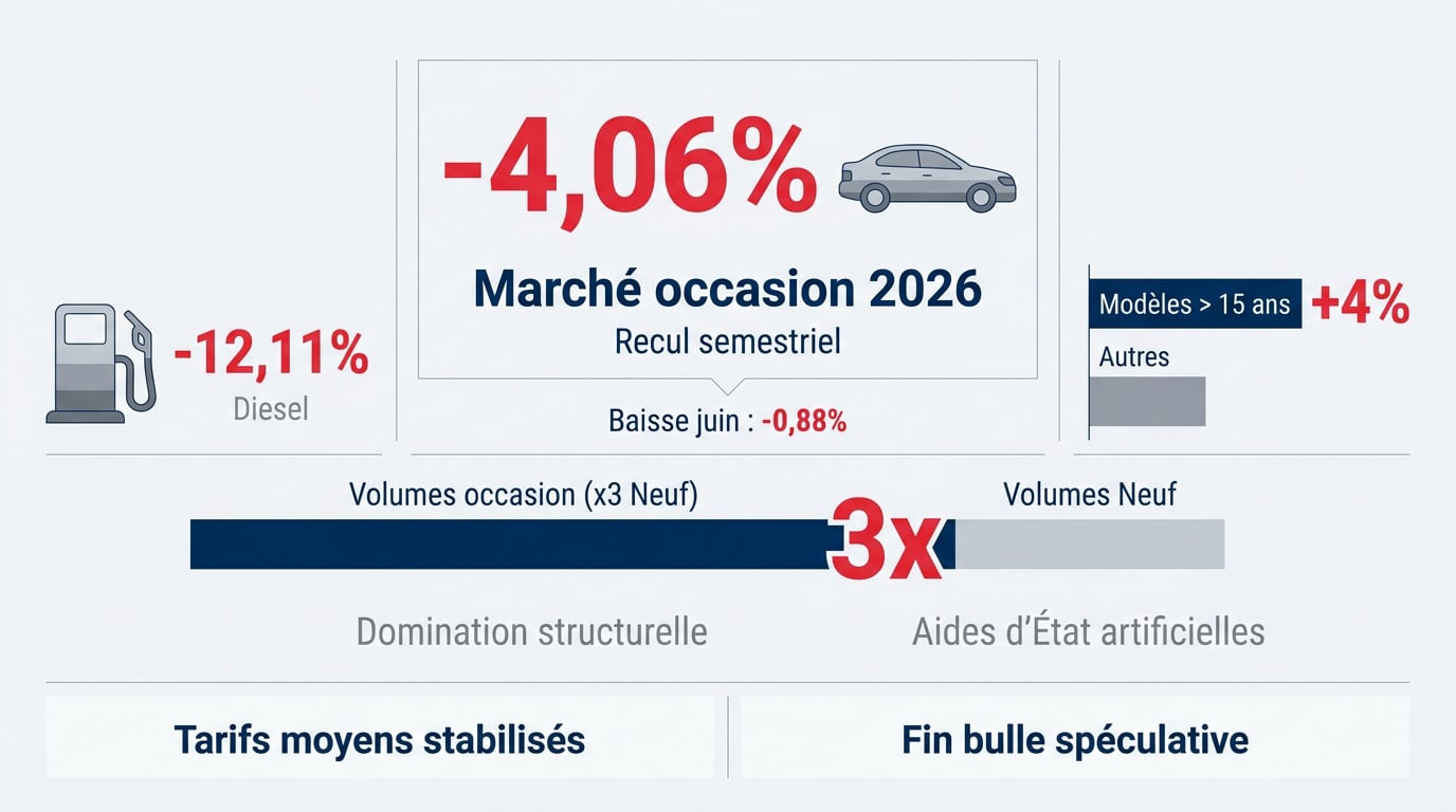 Graphique illustrant la baisse du marché des voitures d'occasion et l'évolution des motorisations en 2026