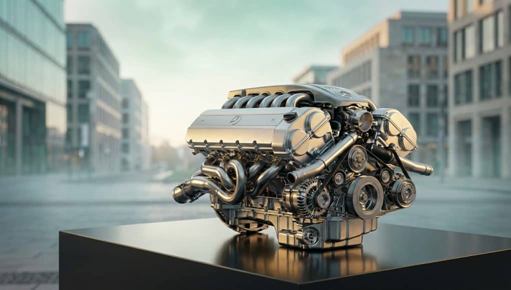 La fin du moteur V12 emblématique de Mercedes Un moteur V12 Mercedes en métal brillant posé sur un socle noir, avec un quartier urbain flou en arrière-plan.