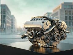La fin du moteur V12 Mercedes : un tournant pour l’Europe Un moteur V12 Mercedes en métal brillant posé sur un socle noir, avec un quartier urbain flou en arrière-plan.