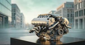 La fin du moteur V12 Mercedes : un tournant pour l’Europe Un moteur V12 Mercedes en métal brillant posé sur un socle noir, avec un quartier urbain flou en arrière-plan.