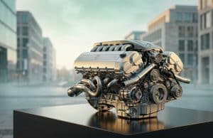 La fin du moteur V12 Mercedes : un tournant pour l’Europe Un moteur V12 Mercedes en métal brillant posé sur un socle noir, avec un quartier urbain flou en arrière-plan.
