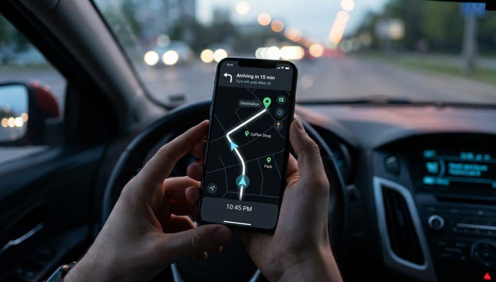 Mode économie de batterie pour Google Maps sur Pixel 10 Mains tenant un smartphone affichant une interface de navigation GPS simplifiée sur fond sombre à l'intérieur d'une voiture.