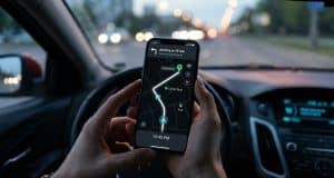 Le mode secret de Google Maps pour la batterie du Pixel 10 Mains tenant un smartphone affichant une interface de navigation GPS simplifiée sur fond sombre à l'intérieur d'une voiture.