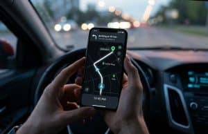 Le mode secret de Google Maps pour la batterie du Pixel 10 Mains tenant un smartphone affichant une interface de navigation GPS simplifiée sur fond sombre à l'intérieur d'une voiture.