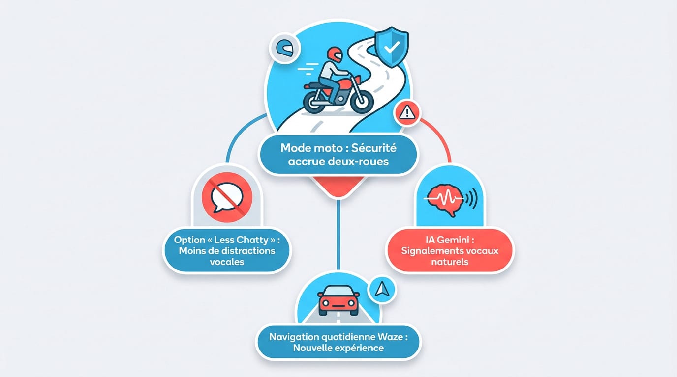 Interface Waze avec les nouvelles fonctionnalités mode moto et moins bavard