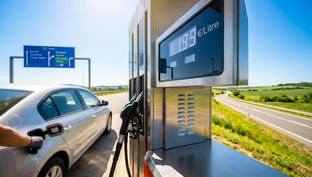 Une pompe à essence affichant 1,99 €/litre avec une voiture en arrière-plan sur le bord d'une autoroute.