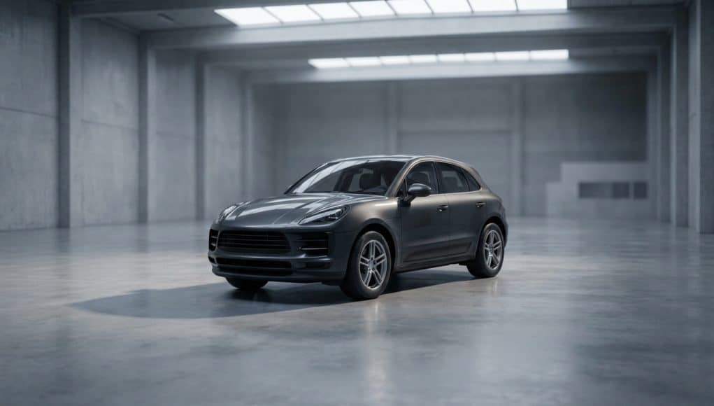 Un SUV Porsche Macan gris stationné au centre d'un vaste studio industriel au béton brut et à la lumière tamisée.
