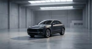 Fin de production du Macan thermique : quel avenir pour Porsche ? Un SUV Porsche Macan gris stationné au centre d'un vaste studio industriel au béton brut et à la lumière tamisée.
