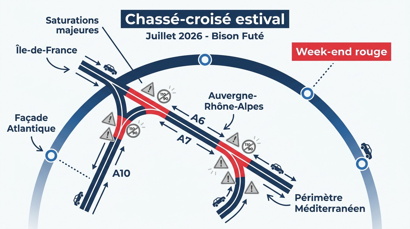 Carte des prévisions de circulation Bison Futé pour le premier week-end de juillet 2026 montrant les zones de saturation en France