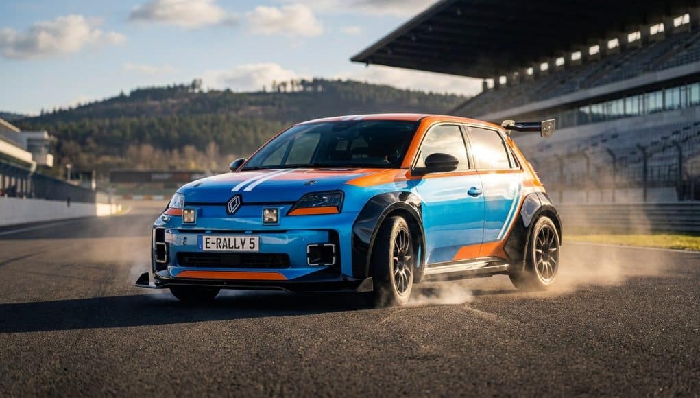 Renault 5 Milltek : hommage aux légendes du Groupe B Une Renault 5 électrique aux couleurs de course bleue et orange, équipée d'un kit carrosserie large sur un circuit.