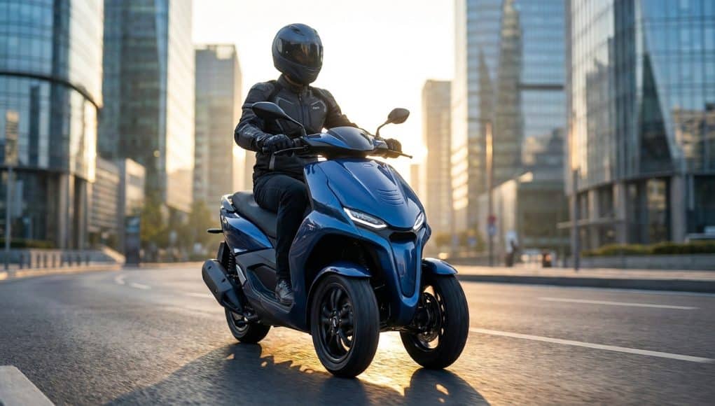 Yamaha Tricity 300 2026 : Innovation et sécurité Un pilote à moto sur un scooter à trois roues Yamaha Tricity bleu circulant dans un quartier d'affaires au coucher.