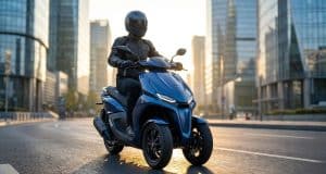 Yamaha Tricity 300 2026 : l’airbag au service de votre sécurité Un pilote à moto sur un scooter à trois roues Yamaha Tricity bleu circulant dans un quartier d'affaires au coucher.