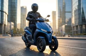 Yamaha Tricity 300 2026 : l’airbag au service de votre sécurité Un pilote à moto sur un scooter à trois roues Yamaha Tricity bleu circulant dans un quartier d'affaires au coucher.