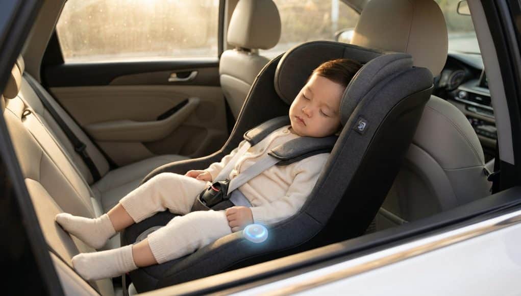 Sécurisez votre enfant avec un dispositif anti-oubli Un jeune enfant dort paisiblement dans un siège auto équipé d'un capteur anti-oubli lumineux.