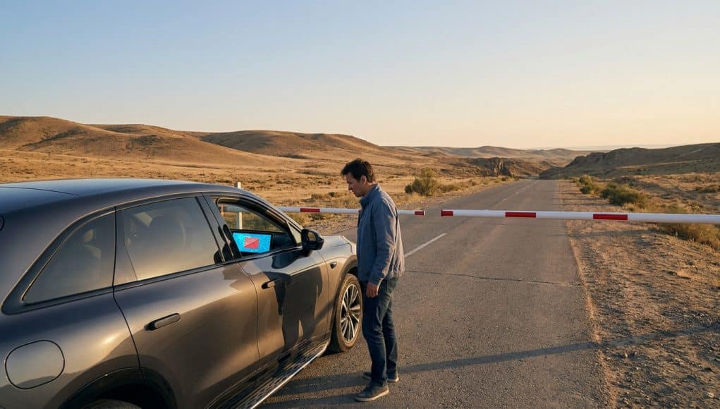 Zeekr bloqué : le contrôle logiciel en question Un homme debout devant une voiture Zeekr bloquée par une barrière sur une route isolée dans un paysage désertique.