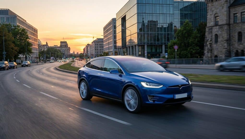 Une voiture électrique Tesla bleue roulant sur une route urbaine moderne au coucher du soleil.