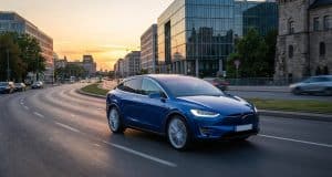 Ventes Tesla Model Y en Europe : analyse d’un succès majeur Une voiture électrique Tesla bleue roulant sur une route urbaine moderne au coucher du soleil.