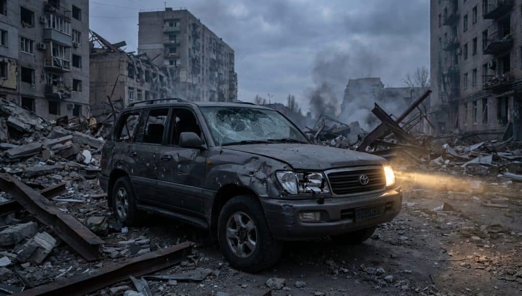 Un Toyota Land Cruiser rescapé des bombardements en Ukraine Un SUV Toyota gris endommagé avec un phare allumé, garé au milieu des décombres d'une ville ukrainienne dévastée.