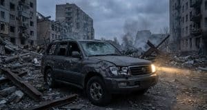 Le Volkswagen Touareg survit à un bombardement en Ukraine Un SUV Toyota gris endommagé avec un phare allumé, garé au milieu des décombres d'une ville ukrainienne dévastée.