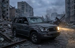 Le Volkswagen Touareg survit à un bombardement en Ukraine Un SUV Toyota gris endommagé avec un phare allumé, garé au milieu des décombres d'une ville ukrainienne dévastée.