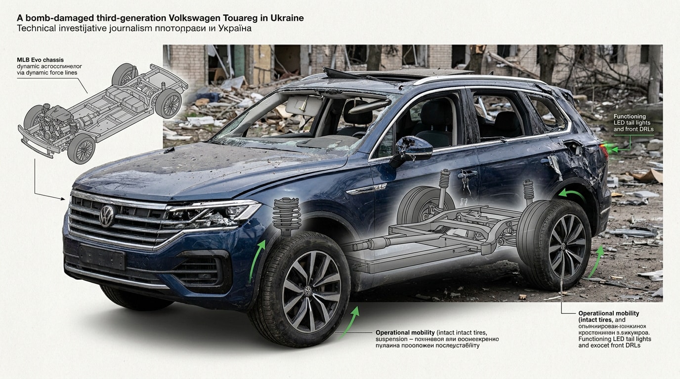 Volkswagen Touareg de troisième génération endommagé par un bombardement en Ukraine montrant une robustesse mécanique