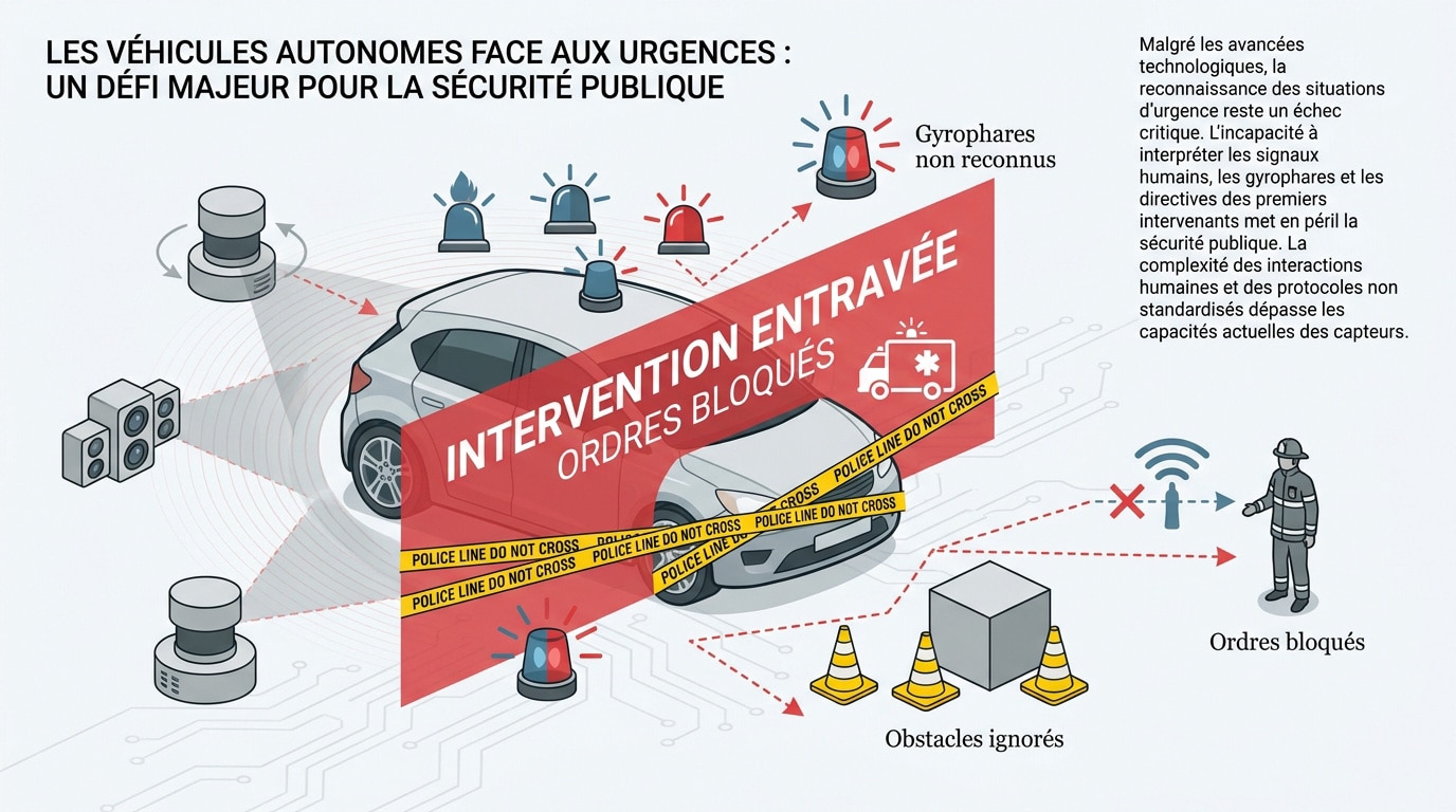 Véhicule autonome bloqué devant des services d'urgence avec gyrophares
