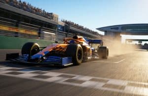 Victoire de Lando Norris en Hongrie 2026 : le succès McLaren Une monoplace McLaren orange et bleue franchit la ligne d'arrivée sur le circuit de Hongrie sous un soleil éclatant.