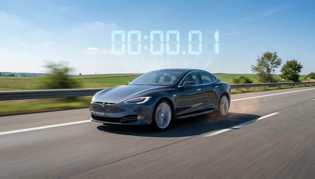 Gain de temps : l'illusion de la vitesse en voiture Une voiture Tesla grise roule sur une autoroute avec un chronomètre numérique affichant 00:00.01 au-dessus d'elle.