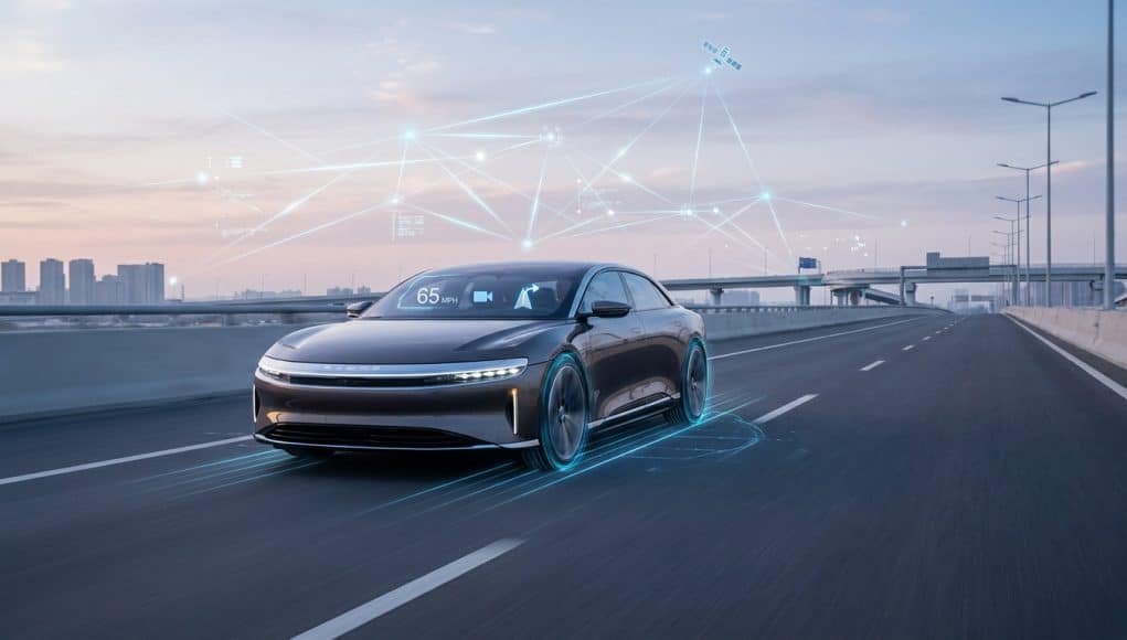 Voiture moderne roulant sur une autoroute avec des superpositions graphiques numériques symbolisant la connectivité.