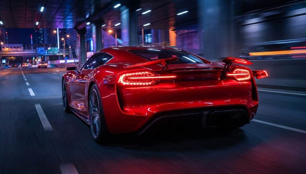 Une voiture de sport rouge Ferrari circulant de nuit sur une autoroute urbaine, mettant en avant ses feux arrière innovants.