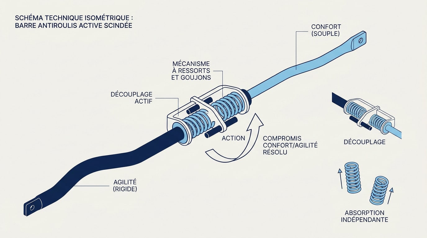 Schéma technique de la barre antiroulis scindée brevetée par Hyundai