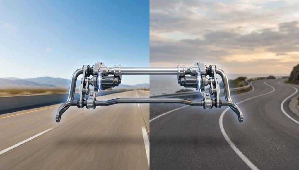 Technologie de barre antiroulis active de Hyundai Vue technique de la barre antiroulis active Hyundai sur fond de route droite et de virages sinueux.