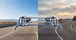 Brevet Hyundai barre antiroulis : le confort révolutionné Vue technique de la barre antiroulis active Hyundai sur fond de route droite et de virages sinueux.