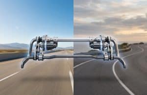 Brevet Hyundai barre antiroulis : le confort révolutionné Vue technique de la barre antiroulis active Hyundai sur fond de route droite et de virages sinueux.