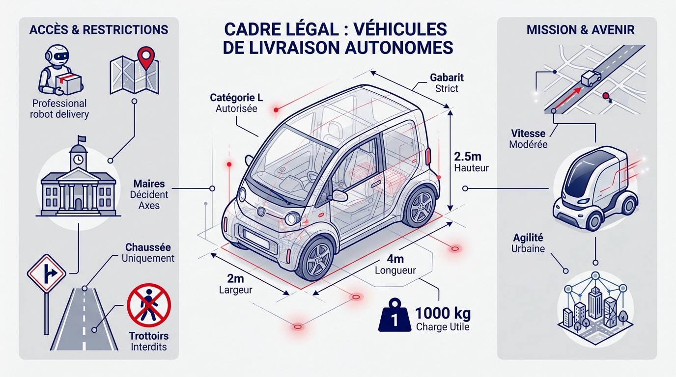 Véhicule de livraison autonome circulant sur une route urbaine en France conformément au nouveau décret