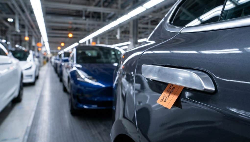 Rappel de véhicules : défaillance des poignées de porte Gros plan sur une poignée de porte de voiture avec une étiquette orange indiquant un défaut de mécanisme en usine.