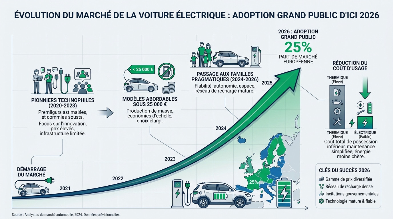 Graphique montrant l'évolution des parts de marché des voitures électriques en Europe jusqu'en 2026