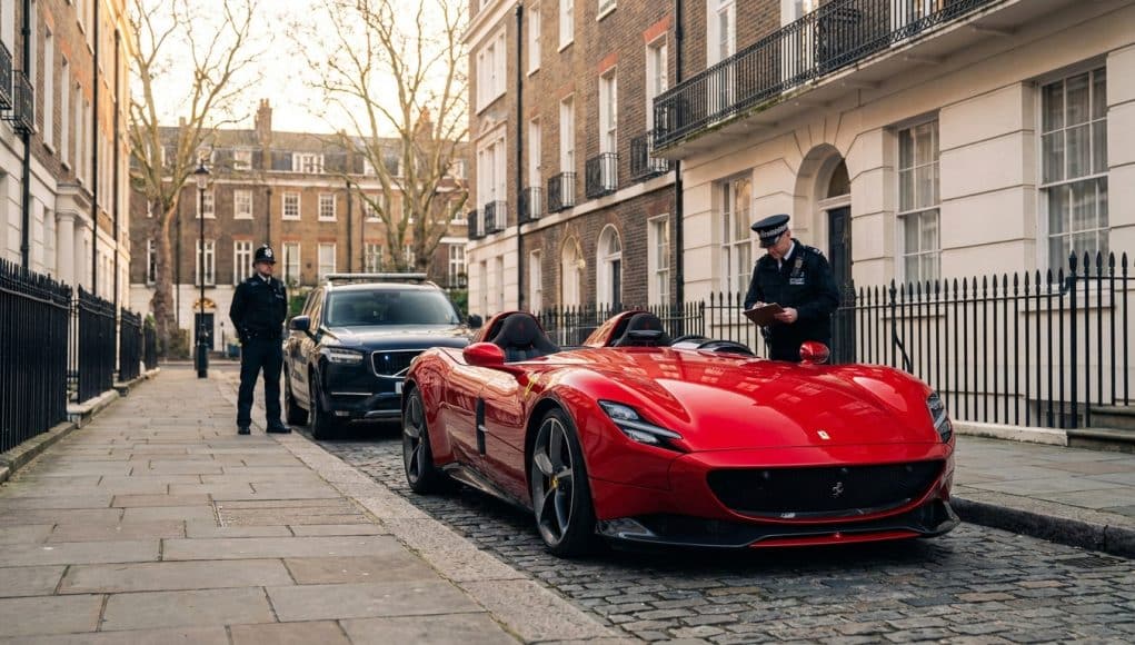 Saisie record d'une Ferrari Monza SP2 Une Ferrari Monza SP2 rouge stationnée dans une rue londonienne, entourée par deux policiers britanniques.