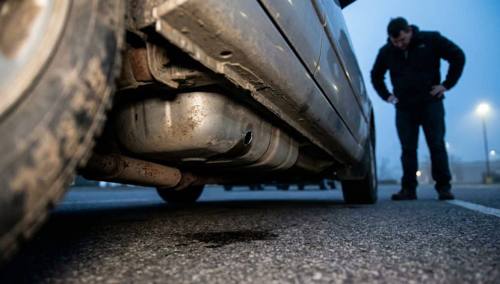 Vol de carburant : réservoir percé Un homme regarde tristement un réservoir de voiture percé laissant fuir du carburant au sol.