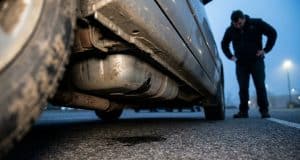 Vol carburant par perforation réservoir : un fléau coûteux Un homme regarde tristement un réservoir de voiture percé laissant fuir du carburant au sol.