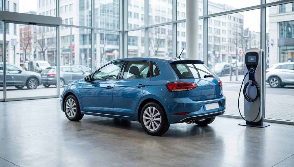 Renault Clio 6 en exposition dans une concession moderne Une voiture bleue stationnée à côté d'une borne de recharge électrique dans une concession automobile vitrée.