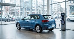 Ventes renault clio 6 : analyse d’un début complexe en 2026 Une voiture bleue stationnée à côté d'une borne de recharge électrique dans une concession automobile vitrée.