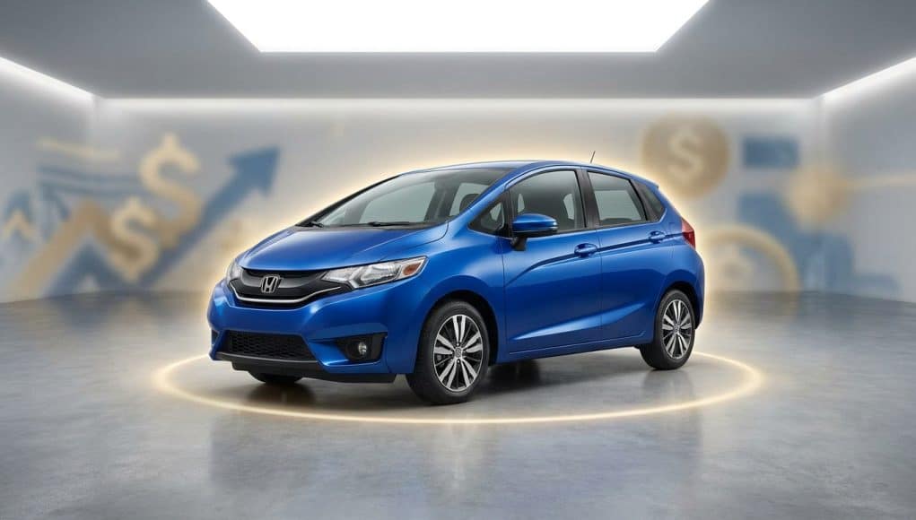 Pourquoi la Honda Fit d'occasion coûte si cher Une Honda Fit bleue garée dans un studio avec des symboles de dollar et des graphiques en arrière-plan.