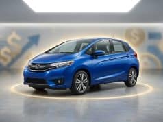 Pourquoi la Honda Fit d’occasion est-elle devenue si chère Une Honda Fit bleue garée dans un studio avec des symboles de dollar et des graphiques en arrière-plan.