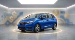 Pourquoi la Honda Fit d’occasion est-elle devenue si chère Une Honda Fit bleue garée dans un studio avec des symboles de dollar et des graphiques en arrière-plan.